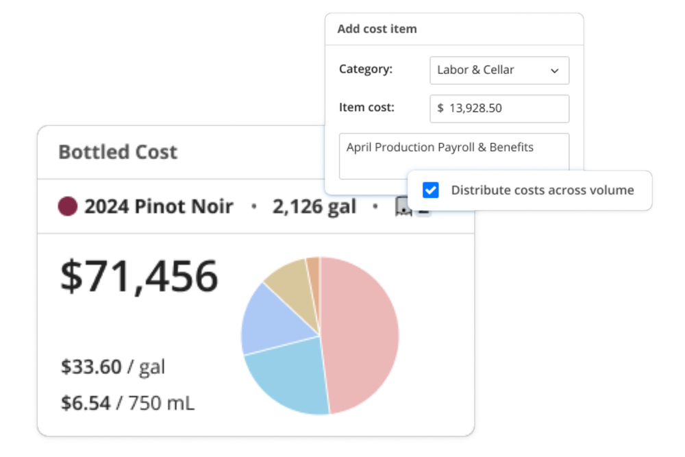 InnoVint bottled cost dashboard for a 2024 Pinot Noir InnoVint bottled cost dashboard for a 2024 Pinot Noir